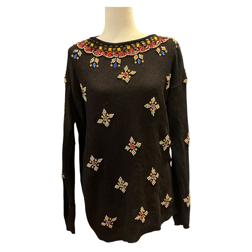Vintage 80s Work in Progress Gold Beaded Jeweled Silk Blend Sweater Black Retro